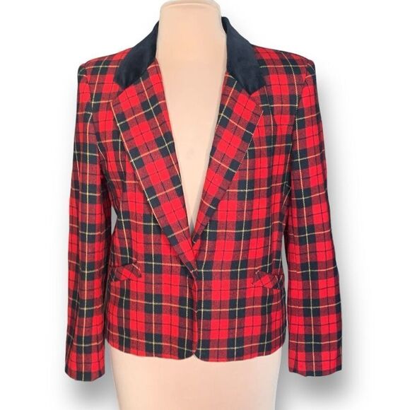 Vintage Petite Blazer Jacket Tailored Red Black Tartan Plaid Velvet Preppy 12 - Picture 1 of 9